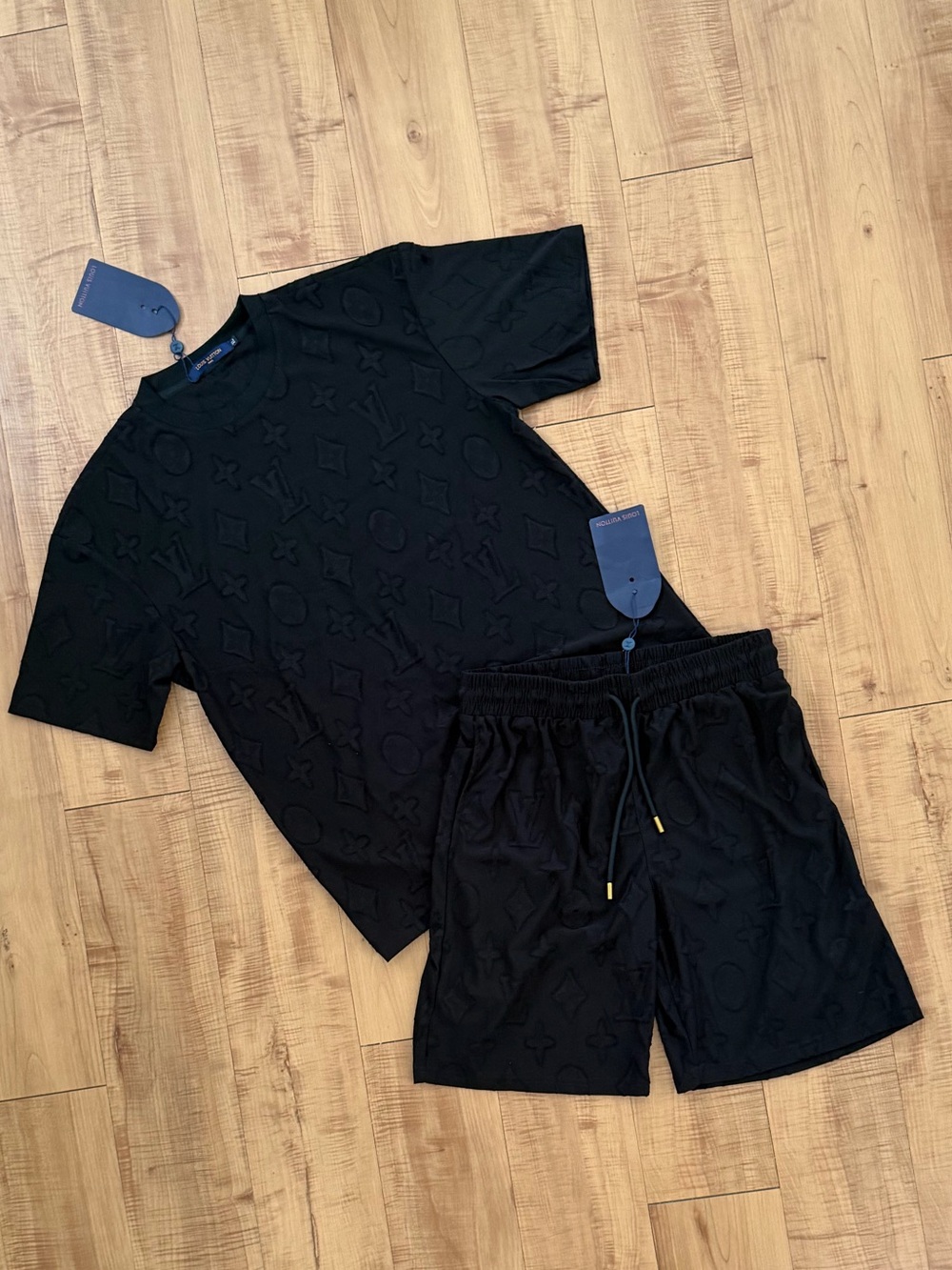 LV Men Monogram Embossed Short Sleeve Tee and Drawstring Shorts Set